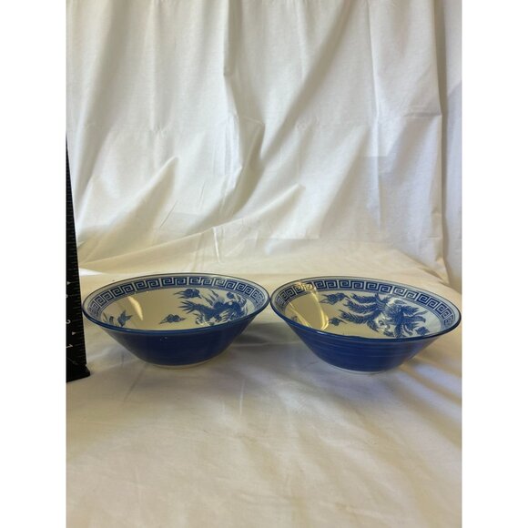 Set Of 2 Blue & White Porcelain Bowls With Oriental Floral Design 6" Diameter - Picture 2 of 2